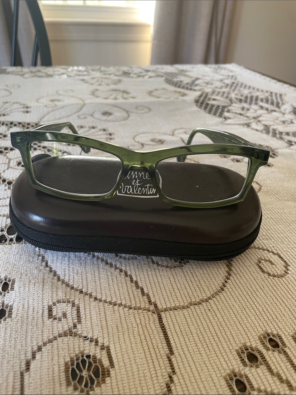 Anne et Valentin Olive Green Rectangular Prescription Glasses with Case
